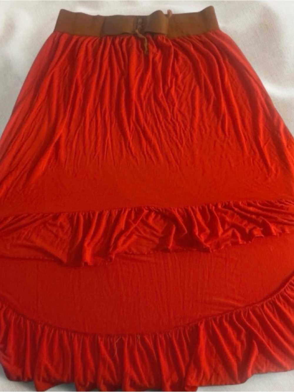 Magic Red High-Low Ruffle Skirt with Brown Waistband